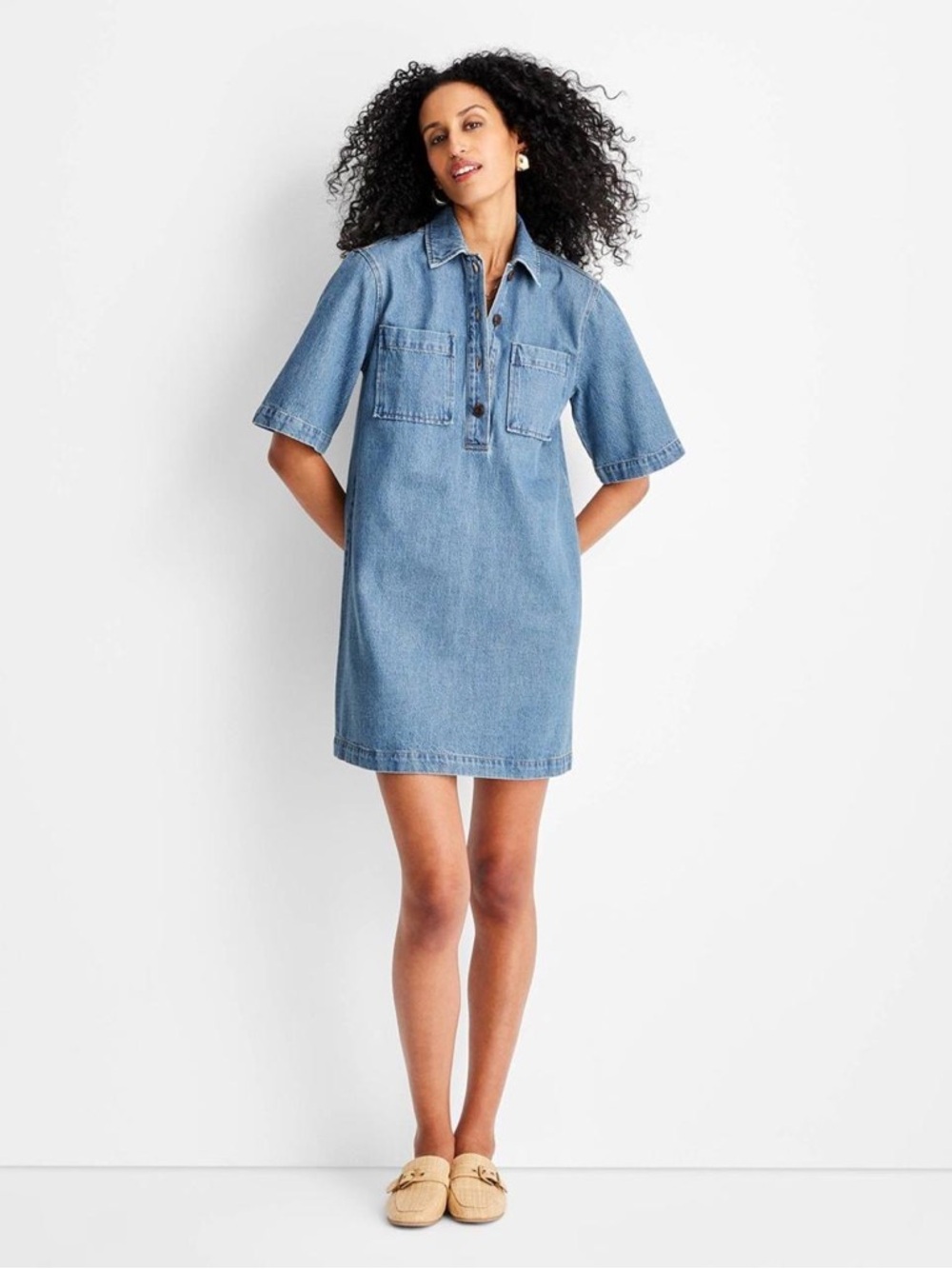 Washed Blue Denim Polo Mini Dress
